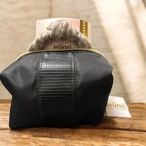 Scunci brand Black Cosmetic Bag with Textured Detail and Cheetah print headband